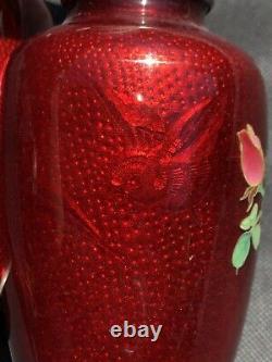 Japanese Red Akasuke Pigeon Blood Ginbari Cloisonne enameled Vase
