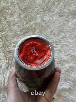 Japanese Red Foil Cloisonné Vase with Flowers