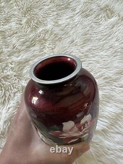 Japanese Red Foil Cloisonné Vase with Flowers