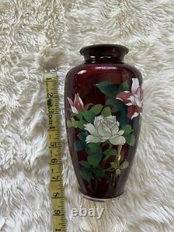 Japanese Red Foil Cloisonné Vase with Flowers