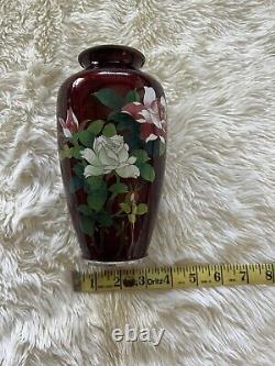 Japanese Red Foil Cloisonné Vase with Flowers