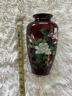 Japanese Red Foil Cloisonné Vase with Flowers