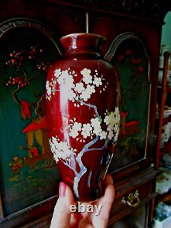 Japanese Red Ginbari Vase Cloisonne Meiji Period Cherry Blossoms