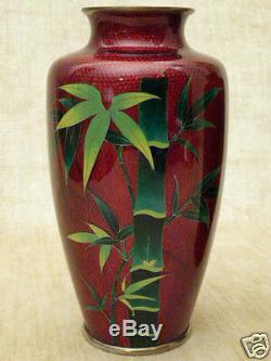 Japanese Red akasuke Pigeon Blood Ginbari Cloisonne enameled Vase Bamboo & Bird