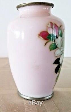 Japanese Sato Cloisonne Miniature 3.75 Vase Pink Roses Signed Base