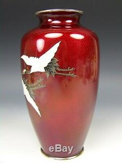 Japanese Sato Style Cloisonné Flying Crane Bird Red Piegon Blood 7.25 Vase
