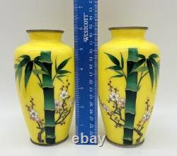 Japanese Showa Period Cloisonné Enamel Yellow Vases Floral Pair of 6 1/8 in High