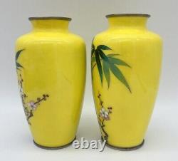 Japanese Showa Period Cloisonné Enamel Yellow Vases Floral Pair of 6 1/8 in High