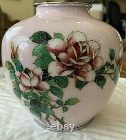 Japanese Silver Cloisonne Vase, Cloisons only on picture. Floral. Pink/Green/Red