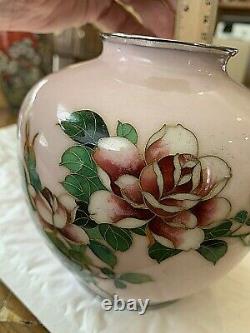 Japanese Silver Cloisonne Vase, Cloisons only on picture. Floral. Pink/Green/Red