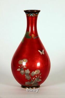 Japanese Silver Wire Pear Shaped Vase With Red Ground