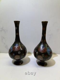 Japanese Superb Quality Meji Period Cloisonne Vases Pair Of Enamelled Brass