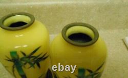 Japanese Vintage Cloisonne Sato Yellow Pair 4 ¾ Bamboo Vase