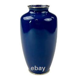 Japanese Wireless Cloisonné Vase Solid Blue With Silver Trim 9.5