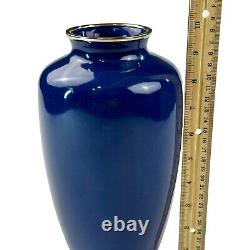 Japanese Wireless Cloisonné Vase Solid Blue With Silver Trim 9.5