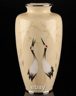 Japanese cloisonne enamel vase Antique Crane White Height 12 with wood box