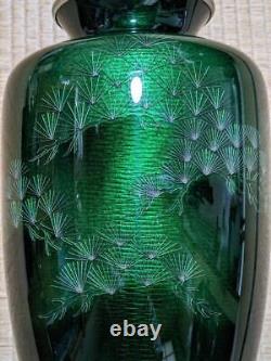 Japanese cloisonne enamel vase Antique Green Pine tree Bamboo Height 12 ANDO
