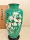Japanese Cloisonne Enamel Vase Flower Jade Green Withbox White Moutan Antique