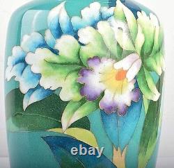 Japanese cloisonne enamel vase Jade green withbox white flower Antique Vintage