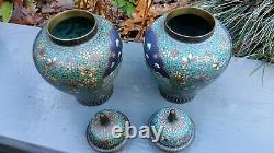 Japanese pair of Cloisonne vases with lids great detail lovely items