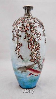 Kumeno Teitaro Meiji Japanese Ginbari Cloisonne solid silver Koi Fish scene vase