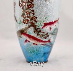 Kumeno Teitaro Meiji Japanese Ginbari Cloisonne solid silver Koi Fish scene vase