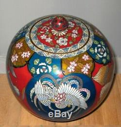 LARGE RARE Meiji Japanese Cloisonne Koro Jar Vase w Lid Pheonix Tigers Excellent