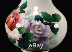 Large 10 3/8 In. Tall Vintage Japanese Cloisonne Enamel Vase Roses Flowers Japan