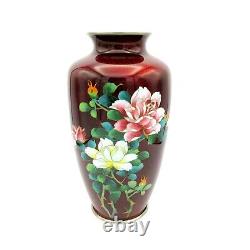 Large 10 tall vintage Japanese Ginbari cloisonne vase red foil background