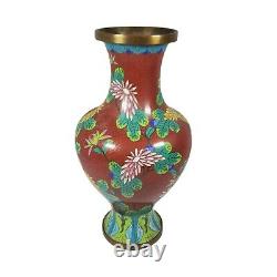Large 12 Antique Chinese Cloisonne Vase Red Floral Bronze Base Flowers 19th c