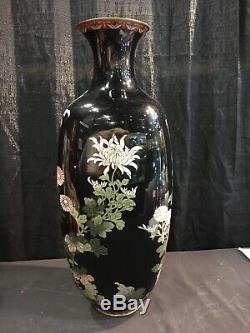 Large Antique Japanese Cloisonne Black Enamel Chrysanthemum Flowers Vase