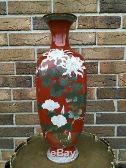 Large Antique Japanese Cloisonne Red Enamel Chrysanthemum Flowers Vase