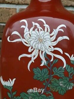 Large Antique Japanese Cloisonne Red Enamel Chrysanthemum Flowers Vase