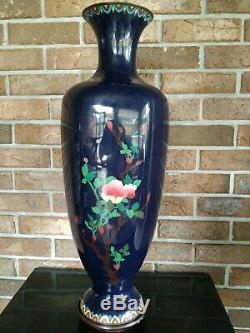 Large Antique Japanese Cloisonne blue Enamel Chrysanthemum Flowers Vase. 24