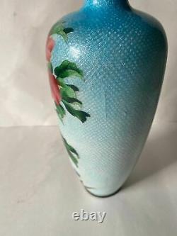 Large Antique Japanese Ginbari Cloisonne Vase 9 Tall Meiji Foil Flowers Blue