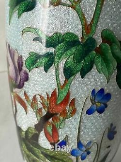 Large Antique Japanese Ginbari Cloisonne Vase 9 Tall Meiji Foil Flowers Blue
