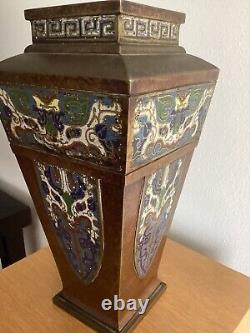 Large Antique Japanese Patinated Bronze & Champleve Vase / Urn Signed 12