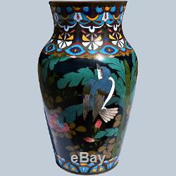 Large Antique Meiji Period Cloisonne Vase With Swallow & Flowers