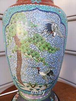 Large Crane Birds, Flowers Japanese Totai Shippo Cloisonne Lamp Vase Enamel