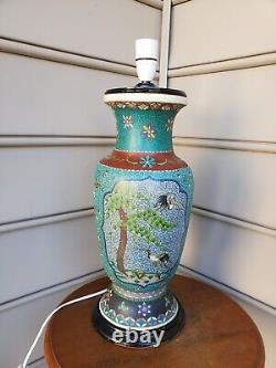 Large Crane Birds, Flowers Japanese Totai Shippo Cloisonne Lamp Vase Enamel