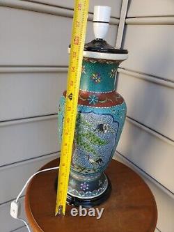 Large Crane Birds, Flowers Japanese Totai Shippo Cloisonne Lamp Vase Enamel