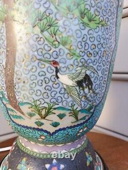 Large Crane Birds, Flowers Japanese Totai Shippo Cloisonne Lamp Vase Enamel