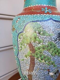 Large Crane Birds, Flowers Japanese Totai Shippo Cloisonne Lamp Vase Enamel