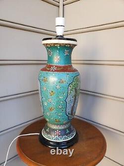 Large Crane Birds, Flowers Japanese Totai Shippo Cloisonne Lamp Vase Enamel