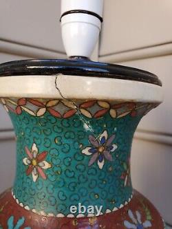 Large Crane Birds, Flowers Japanese Totai Shippo Cloisonne Lamp Vase Enamel