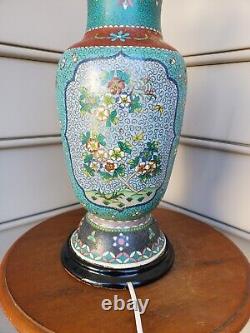 Large Crane Birds, Flowers Japanese Totai Shippo Cloisonne Lamp Vase Enamel