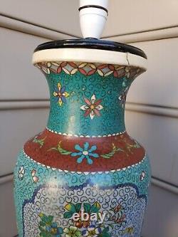 Large Crane Birds, Flowers Japanese Totai Shippo Cloisonne Lamp Vase Enamel