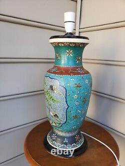 Large Crane Birds, Flowers Japanese Totai Shippo Cloisonne Lamp Vase Enamel