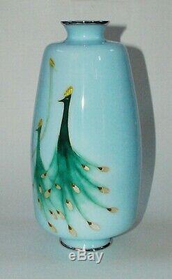 Large & Impressive Japanese Cloisonne Enamel Vase of 3 Peacocks by Tamura PIB