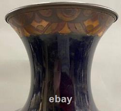 Large Japanese Foliate & Bird Decorated Cloisonne Vase with Brass Base